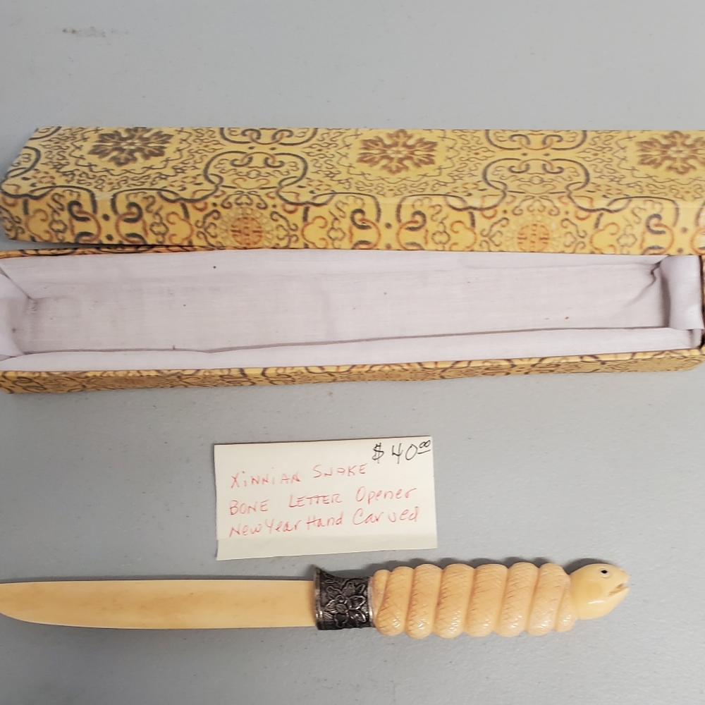 Hand-Carved Bone Letter Opener with Decorative Box